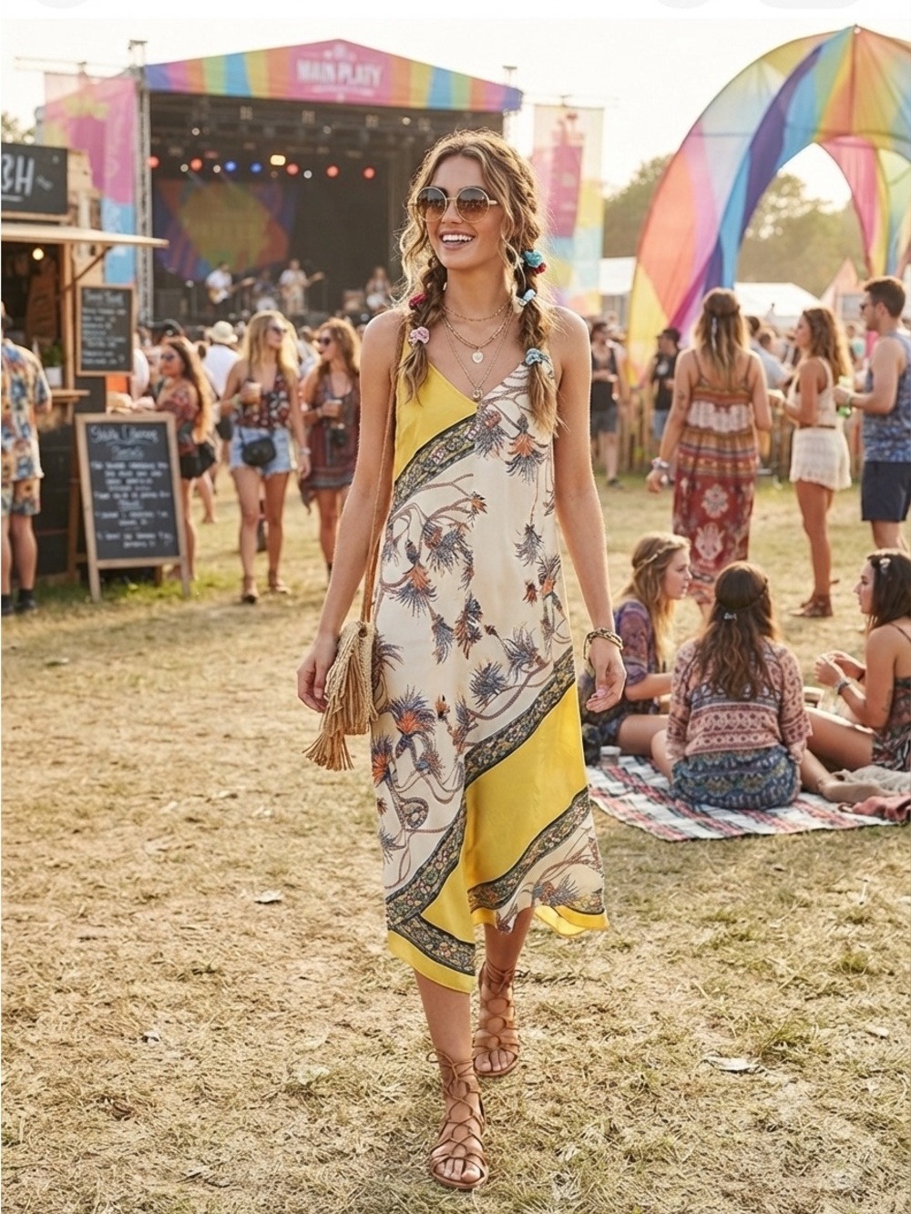 ZARA Women's Yellow and Cream Floral Tassel Print Maxi Slip Sleeveless Dress